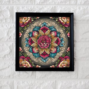 May include: A colorful mandala design with a large rose in the center. The mandala is surrounded by smaller roses and intricate details. The background is black.