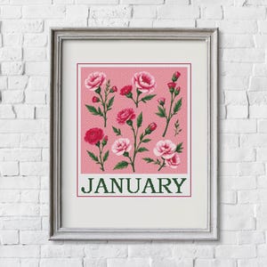 Op de afbeelding: Een ingelijst drukwerk met een roze achtergrond met een bloemmotief van roze anjers met groene stelen en bladeren. De tekst "JANUARY" is in het groen gedrukt aan de onderkant van het drukwerk.