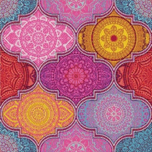 May include: A colorful pattern of repeating geometric shapes with intricate designs in shades of pink, blue, yellow, and red.