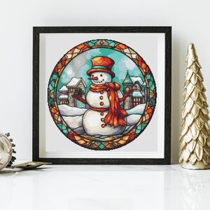 Snowman Stained Glass Window Cross Stitch Pattern - PDF Download