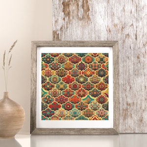 May include: A framed print of a colourful geometric pattern with a variety of shapes and colours, including red, orange, yellow, green, blue, and purple.