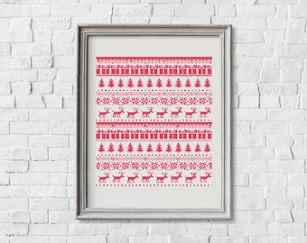 May include: A white framed print with a red and white Christmas pattern featuring reindeer, trees, and snowflakes.