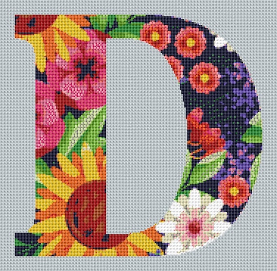 Floral Carpet Alphabet Letter D Cross Stitch Pattern - PDF