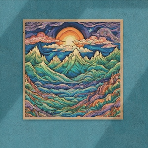 May include: A colorful abstract painting of a mountain range with a large sun in the sky. The mountains are a mix of blues, greens, and purples, and the sun is a bright orange. The painting is framed in a wooden frame.