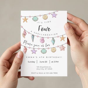 Sea 4th Birthday Shellabration Invite, Pastel Shell Girl Invitation, Beach Summer Party, Editable Age