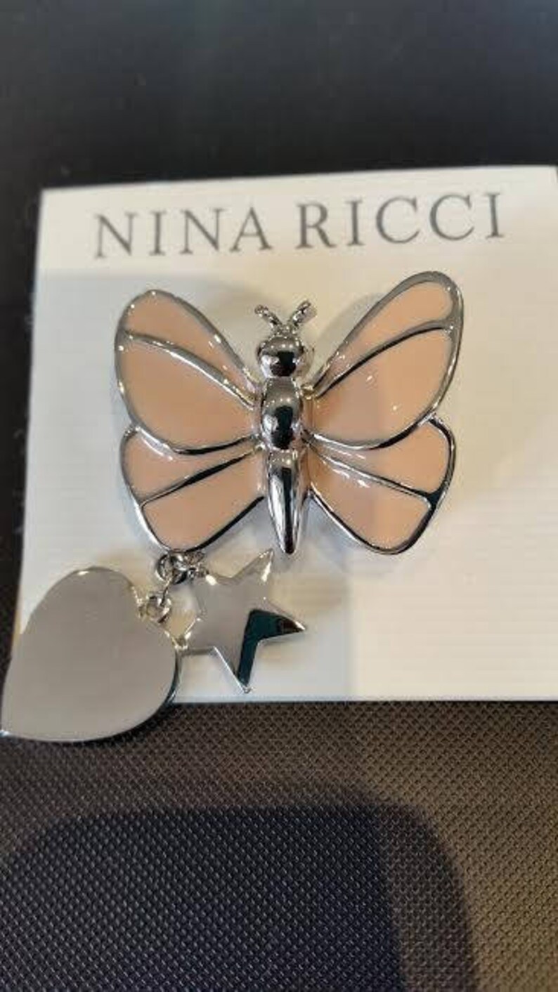 Nina Ricci Signed LOGO Butterfly brooch with drop hearty and Star Vintage signed New carded