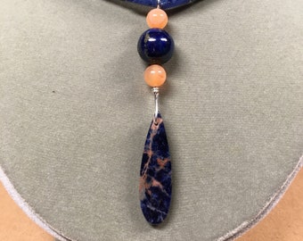 Sodalite, carnelian, and lapis pendant necklace