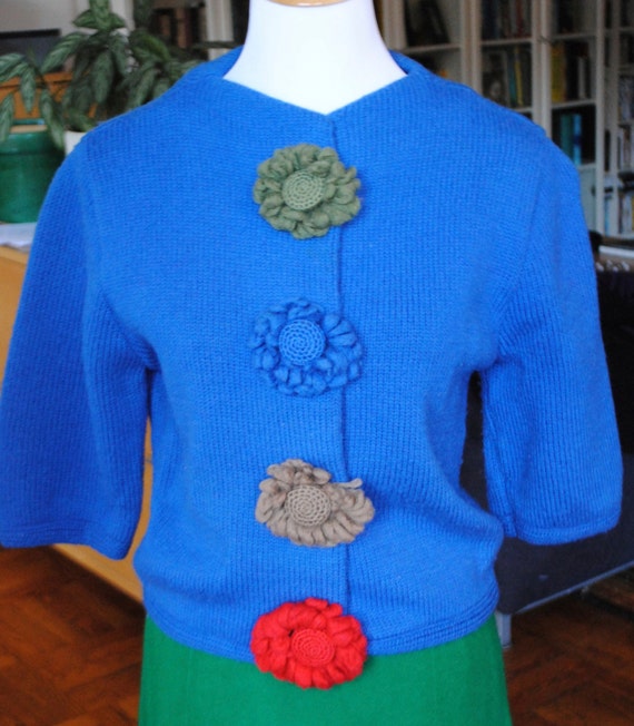 Vintage 1950's Hand Knit Blue Sweater with Handmad