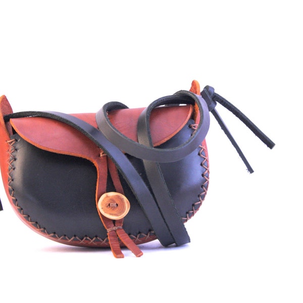 small leather purse. the wren cherrywood red and black leather. minimalist purse. wood button. under the tree. in stock and READY TO SHIP.