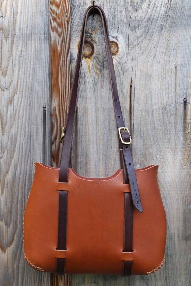 Ochre WATER BUFFALO forest TOTE bag, hand sewn leather bag, leather purse, brown, grey, ochre, tan, under the tree, underthetree, ithaca image 3