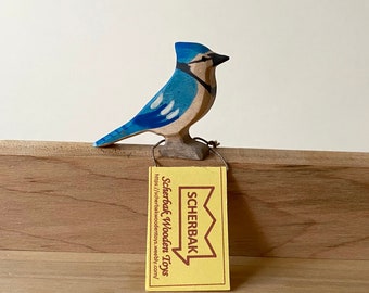 Blue Jay bird hand painted, WALDORF wooden TOY figure by Scherbak. Dollhouse 1:12. Made with love!
