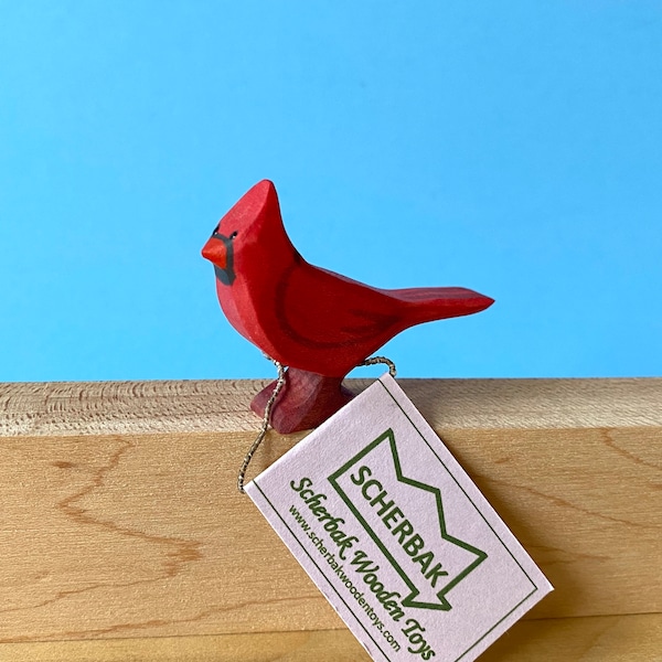 Cardinal bird Waldorf wooden handmade toy figure by Scherbak. Made with love!