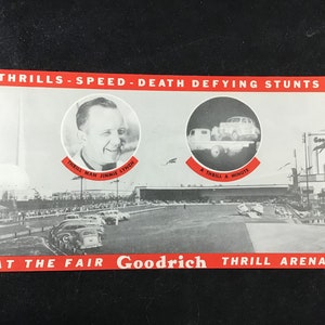 May include: A black and white photo of a man in a suit, a car on a flatbed truck, and a crowd of people watching a stunt show. The text on the image reads "THRILLS-SPEED-DEATH DEFYING STUNTS", "THRILL MAN JIMMIE LYNCH", "A THRILL A MINUTE", "AT THE FAIR Goodrich THRILL ARENA".