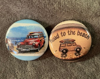 Vintage Head To the Beach - Woody automobiles with surfboard - Jean Jacket - Backpack Pinback/Button - Beach, Surf, Automobiles at the Beach