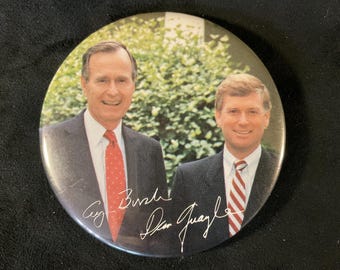 Vintage George Bush and Dan Quayle Color Photo and Signatures - Bush-Quayle Re-Election Jugate Presidential Campaign Pin - 3” color photo