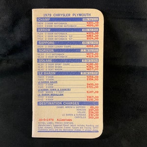 Vintage 1979 Chrysler Plymouth Dealership Price and Options Booklet - Champ-Arrow-Sapporo-Horizon-Volare-Le Baron-Cordoba-Newport-New Yorker