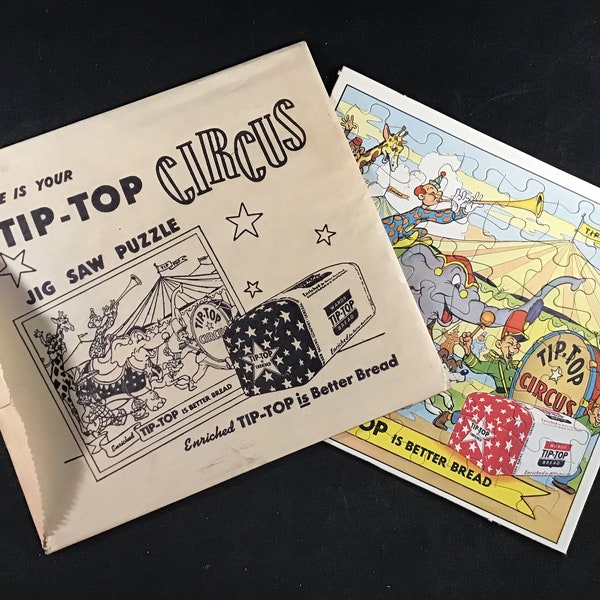 Vintage Tip-Top Circus Jig Saw Puzzle with original paper sleeve - 1951 Premium Give-Away - 1951 Merit Displays  - Wards Tip-Top Bread