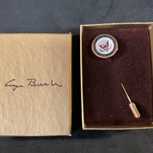 Vintage 1980’s Vice President George Bush Sr. Lapel Stick Pin - Bush’s Engraved Signature on Pin Underside - Original Presentation Box
