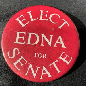 May include: A round, red campaign button with white lettering. The text reads "ELECT EDNA FOR SENATE". The button is a political item, likely used for a political campaign.