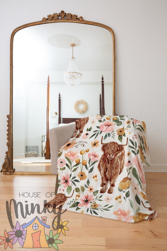 Floral Highland Cow Custom Minky Blanket