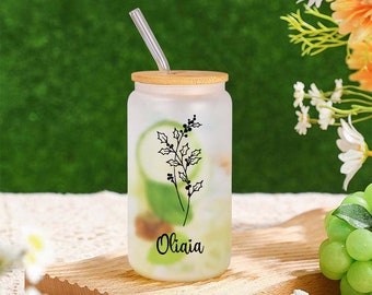 Personalized Name Frosted Can Glass with Birth Flower Custom Can Glass with Straw Gift for Mother Friends Family Bridesmaid