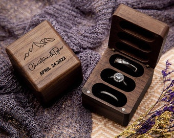 Personalized Triple Slot Ring Storage Wedding Engagement Proposal Wood Ring Box