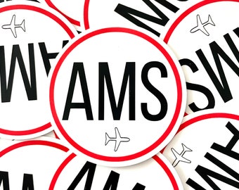 AMS Amsterdam Netherlands Airport Code, Travel Sticker 3" | Laptop Stickers, Suitcase Stickers, Water Bottle Stickers, Amsterdam Decal