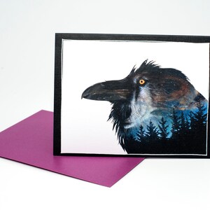 PREMIUM ART CARD Paysage de loups et de corbeaux, Carte de vœux / cadeau d’art originale, bleu et violet
