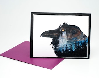 PREMIUM ART CARD Wolf and Raven Landscape, Original Art Greeting/Gift Card, Blue and Purple