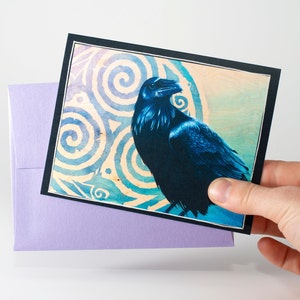 PREMIUM ART CARD Celtic Raven Triskele, Carte cadeau / vœux d’art original, bleu et sarcelle