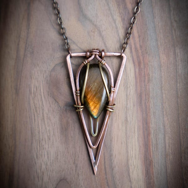 Triangle Labradorite Protection Pendant -- "Witches' Ward" | Copper Wire Witchy Necklace | Sigil Charm | Spiritual gift |