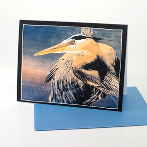 PREMIUM ART CARD Grand Héron Bleu, Original Art Greeting/Gift Card, Bleu et Jaune