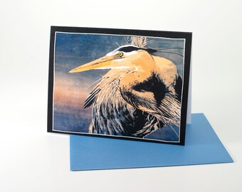 PREMIUM ART CARD Great Blue Heron, Original Art Greeting/Gift Card, Blue and Yellow