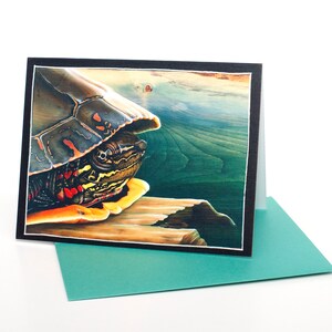 PREMIUM ART CARD Geschilderde schildpad op het meer, originele kunstgroet / cadeaubon, groen en groenblauw