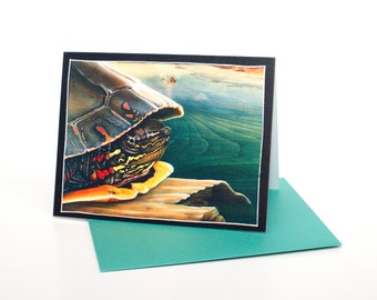 PREMIUM ART CARD Painted Turtle on Lake, Original Art Greeting/Gift Card, Green and Teal