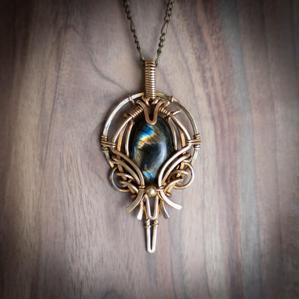 Labradorite Power Charm -- "Dragon's Eye" | Brass Wire Wrap Earthen Talisman | Protective Charm | Pagan Ceremonial Jewelry | Witchy Pendant