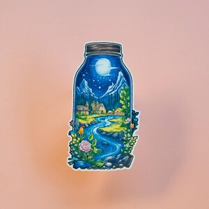 Moonlit Serenity: waterdichte sticker met natuur, bergen en beekjes
