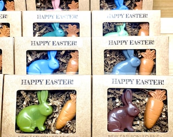 Crayones de Pascua con forma de conejito y zanahoria, naturales, no tóxicos y hechos a mano desde cero: ideales para fiestas, decoraciones y para rellenar cestas de Pascua.