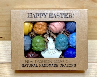 Crayones de pollo o conejito y huevos, naturales, no tóxicos, hechos a mano desde cero: recuerdos para fiestas, decoraciones, relleno para cestas de Pascua.