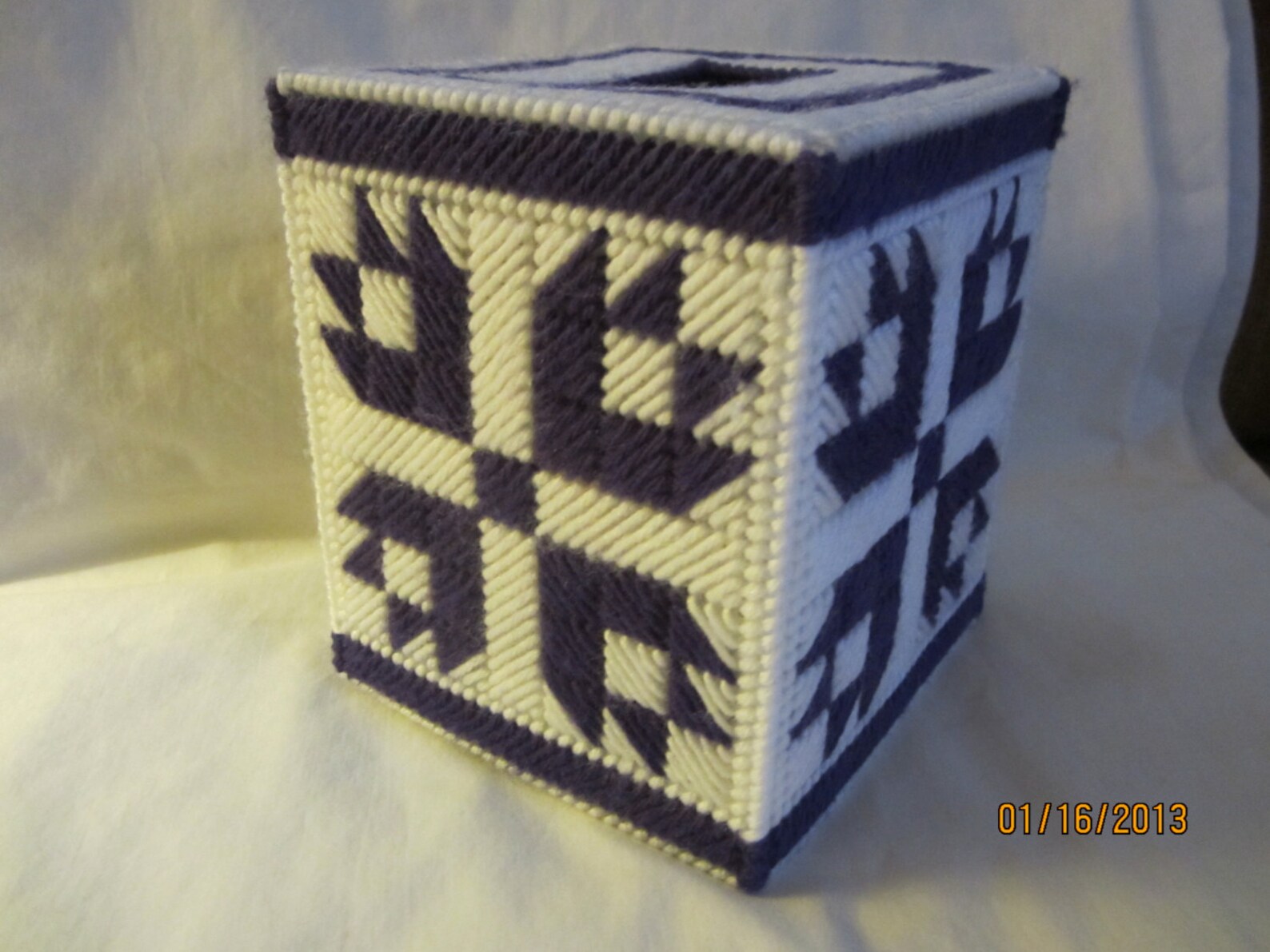 Needlepoint Tissue Box White With Purple Design Etsy