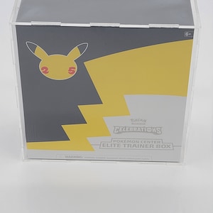 May include: A clear plastic display case with a yellow and gray Pokemon Celebrations Elite Trainer Box inside. The box features a Pikachu illustration with the number 25 on its cheeks. The text "Pokemon Center Elite Trainer Box" is printed on the box.