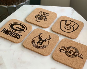 Laser Engraved Wisconsin Sports Teams Cork Coasters | Milwaukee Bucks | Milwaukee Brewers | Wisconsin Badgers | Green Bay Packers