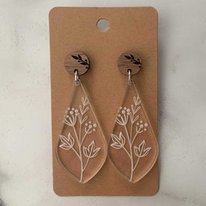 Acrylic and Acrylic Wood Dangle Floral Earrings
