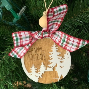 Happy Holidays Acrylic and Wood Cabin with Trees Ornament