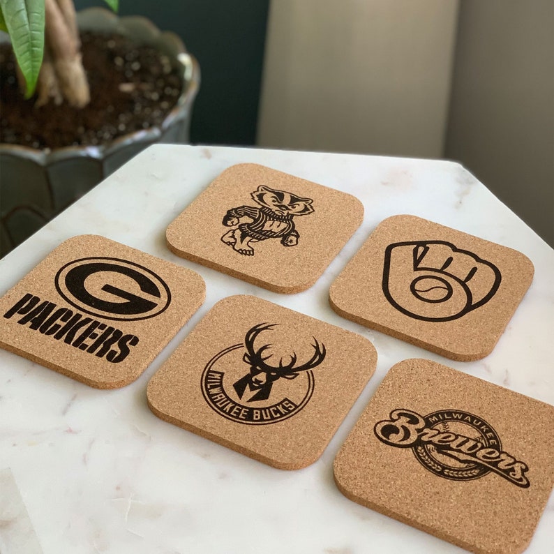 Laser Engraved Wisconsin Sports Teams Cork Coasters Milwaukee Bucks