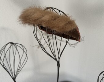 Vintage 1950s Brown Mink Fur Halo Hat Birdcage Veil Velvet Bow Fascinator 1950s Vintage Mink Fur Birdcage Veil Hat, Brown Fascinator  main image 3
