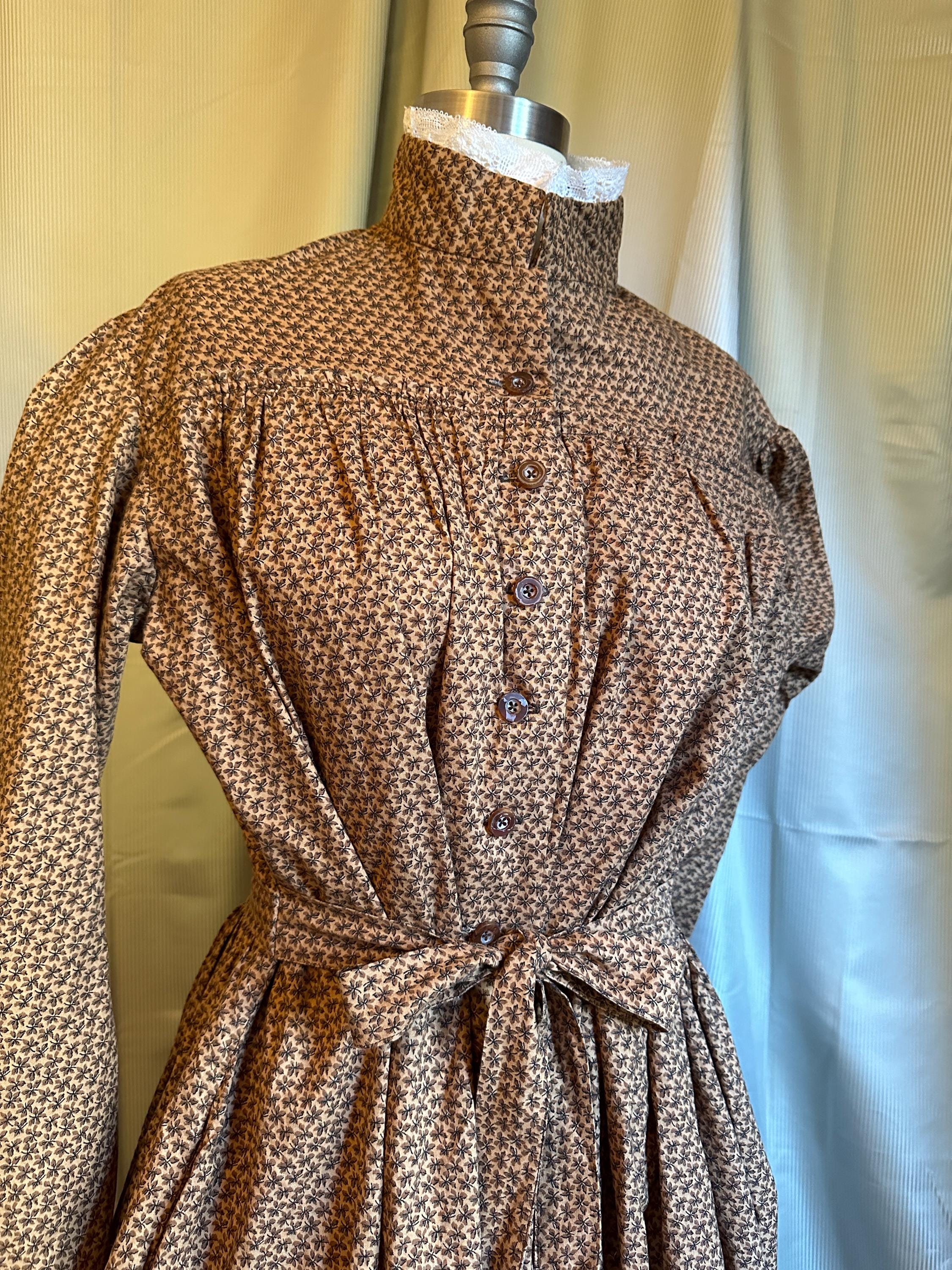 ワンピース 19th Brown Calico Cotton Dress ANTIQUE 1850'S PRINT BROWN CALICO COTTON DAY DRESS | eBay