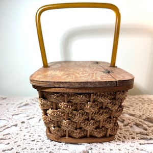 Vintage Woven Sewing Basket with Wooden Flip-Top Lid and Amber Handle 1950s Mid Century Craft or Storage Basket