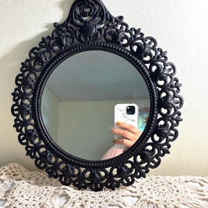 Vintage Black Cast Iron Wall Mirror Ornate Round Frame – Gothic Hollywood Regency Vanity Decor – Victorian Revival Mirror