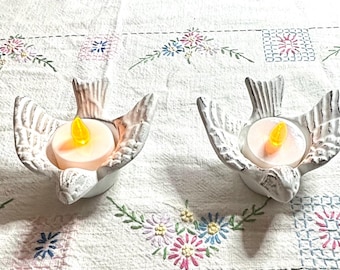 Cast Iron Bird Candle Holders | White Farmhouse Decor | Shabby Chic Bird Votives | Cottage Style Spring Decor